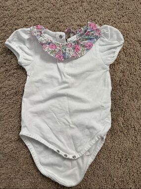 Lily Rose White Onesie with Liberty Pink & Blue Floral Ruffle 6-12m